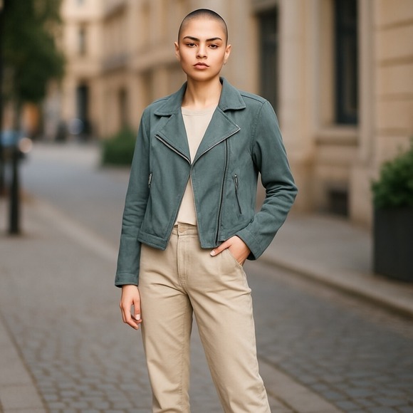 Free People Jacket Medium Women's Green Linen Moto Fall Grunge - Picture 1 of 10